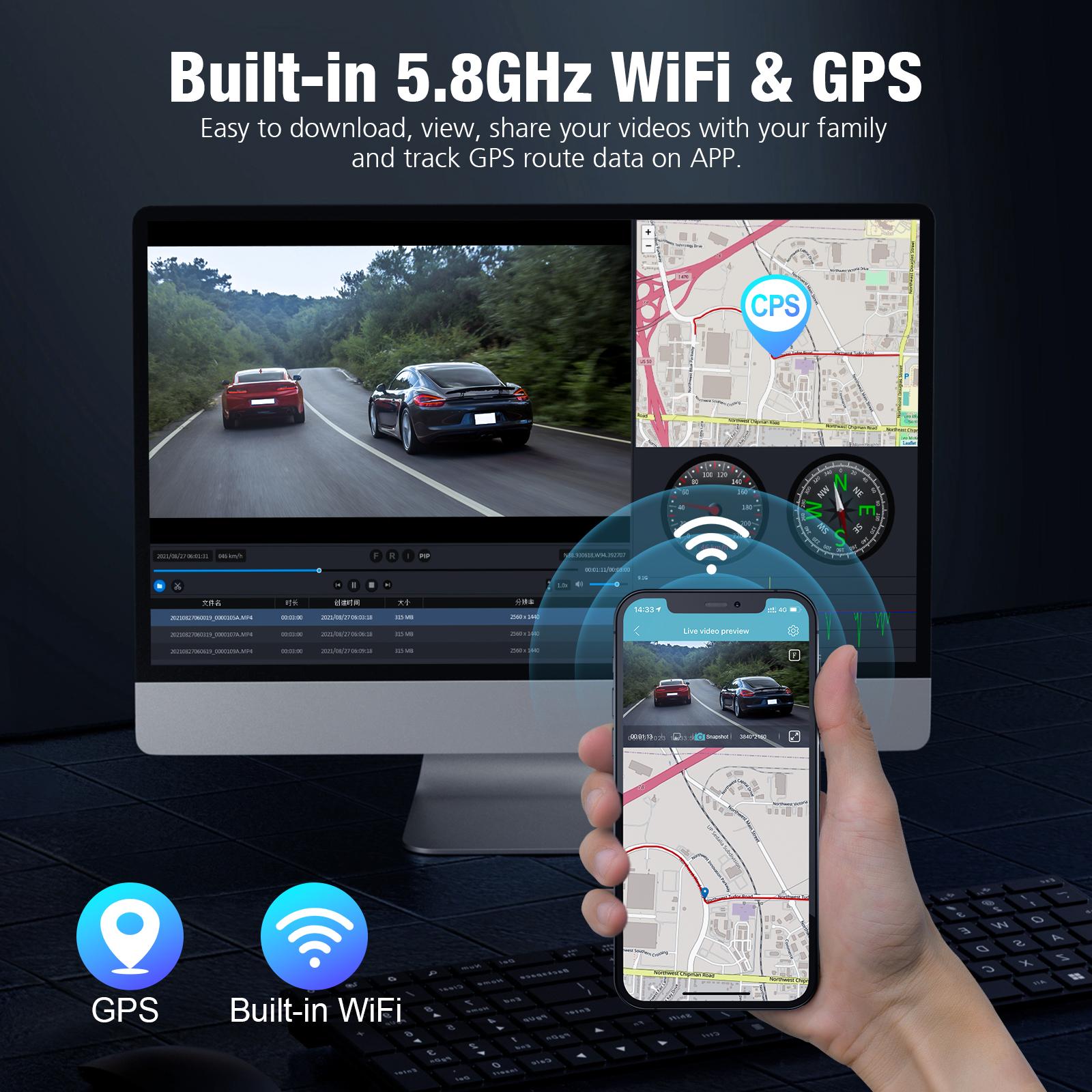 Sarmert 4K Dual Dash Cam builtin 5.8G WIFI&GPS, 140° Car Camera with