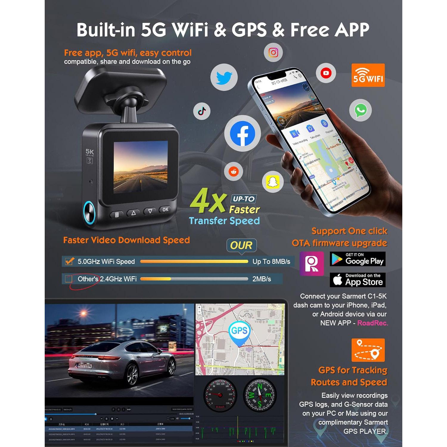 Sarmert C1 5K Dash Cam - Built-in GPS and 5G WiFi, 5K/4K/2.5K UHD Dashcam with APP, 2" IPS Screen Dash Camera with Super Night Vision, Loop Recording, WDR, 150° Wide, G-Sensor, Supports Sarmert C1 5K Dash Cam - Built-in GPS and 5G WiFi, 5K/4K/2.5K UHD Dashcam with APP, 2" IPS Screen Dash Camera with Super Night Vision, Loop Recording, WDR, 150° Wide, G-Sensor, Supports